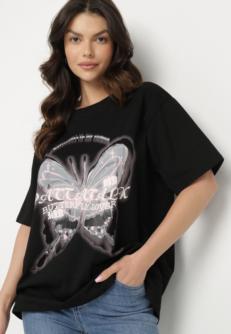 Czarny T-shirt Oversize z Bawełny z Nadrukiem z Motylem Nonatira