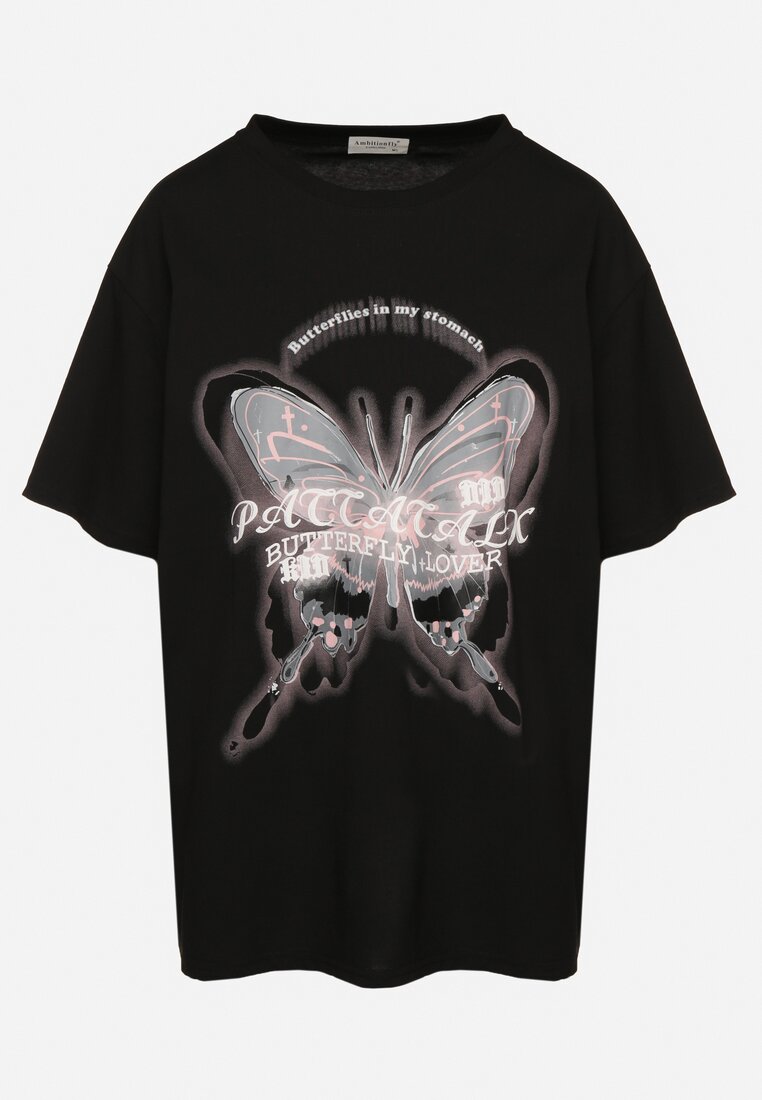 Czarny T-shirt Oversize z Bawełny z Nadrukiem z Motylem Nonatira