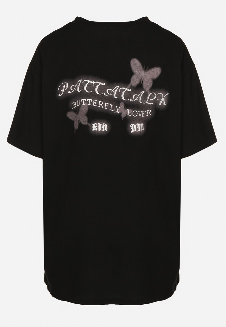 Czarny T-shirt Oversize z Bawełny z Nadrukiem z Motylem Nonatira