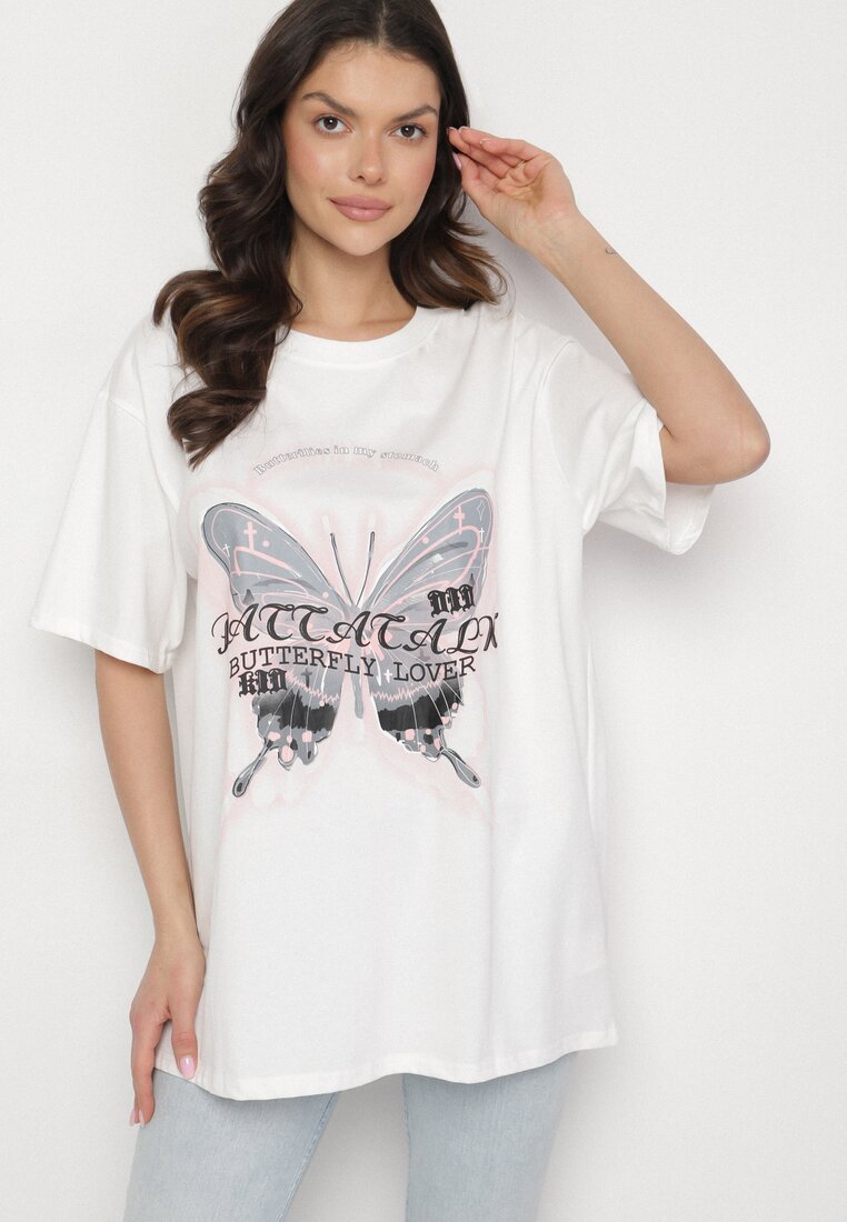 Biały T-shirt Oversize z Bawełny z Nadrukiem z Motylem Nonatira