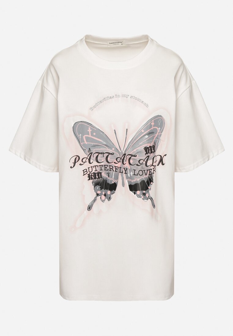 Biały T-shirt Oversize z Bawełny z Nadrukiem z Motylem Nonatira
