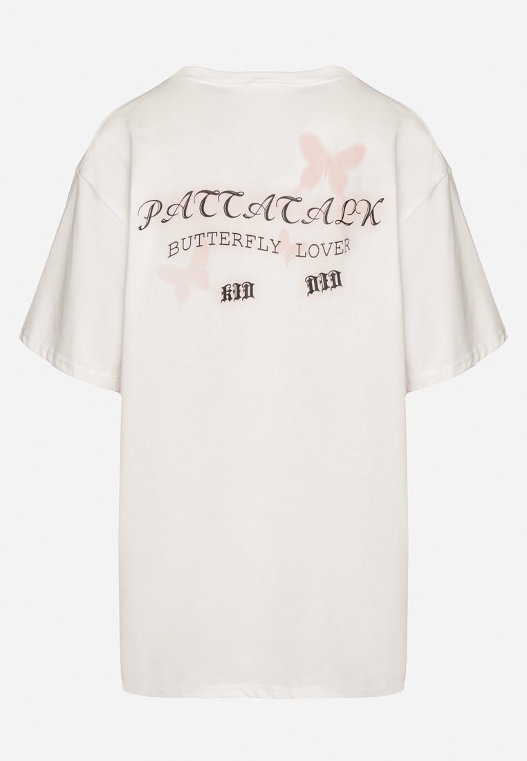 Biały T-shirt Oversize z Bawełny z Nadrukiem z Motylem Nonatira