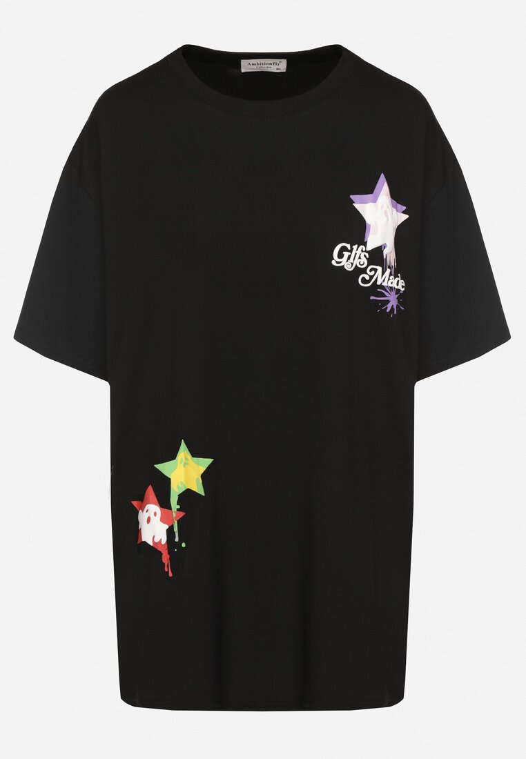 Czarny T-shirt z Bawełną Ozdobiony Gwiazdami Karretia