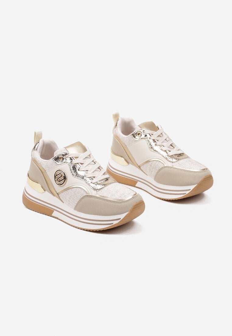 Beżowe Sneakersy na Grubej Podeszwie z Metalicznymi Wstawkami Gonnith