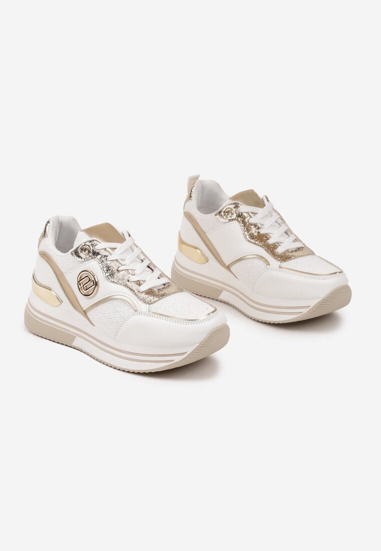 Biało-Złote Sneakersy na Grubej Podeszwie z Metalicznymi Wstawkami Gonnith