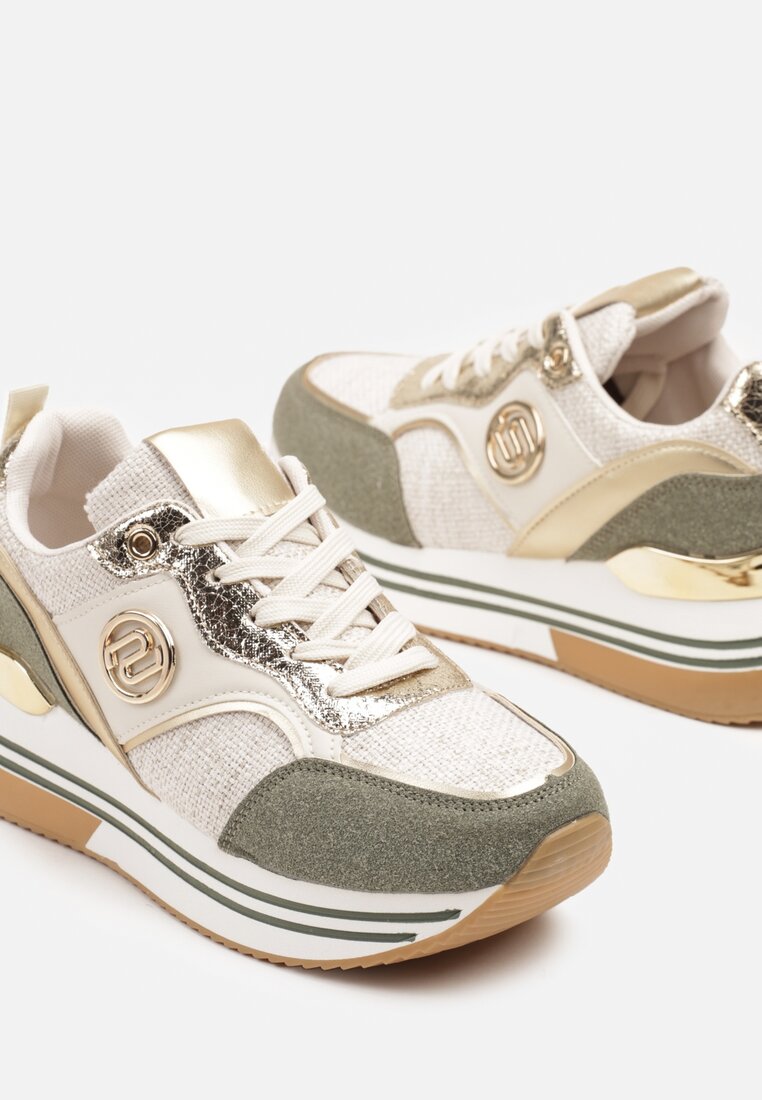 Beżowo-Zielone Sneakersy na Grubej Podeszwie z Metalicznymi Wstawkami Gonnith