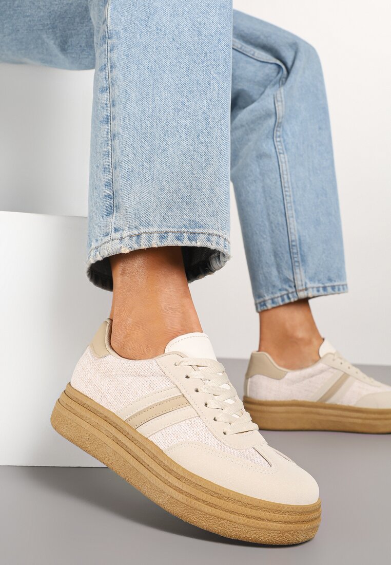 Ciemnobeżowe Sneakersy na Platformie w Stylu Kultowych Tenisówek Gonoriel