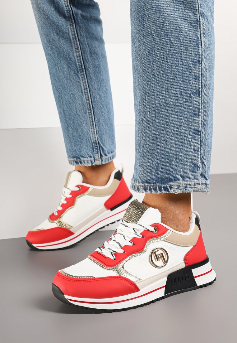 Biało-Czerwone Sneakersy Ozdobione Metaliczną Aplikacją Zolamira