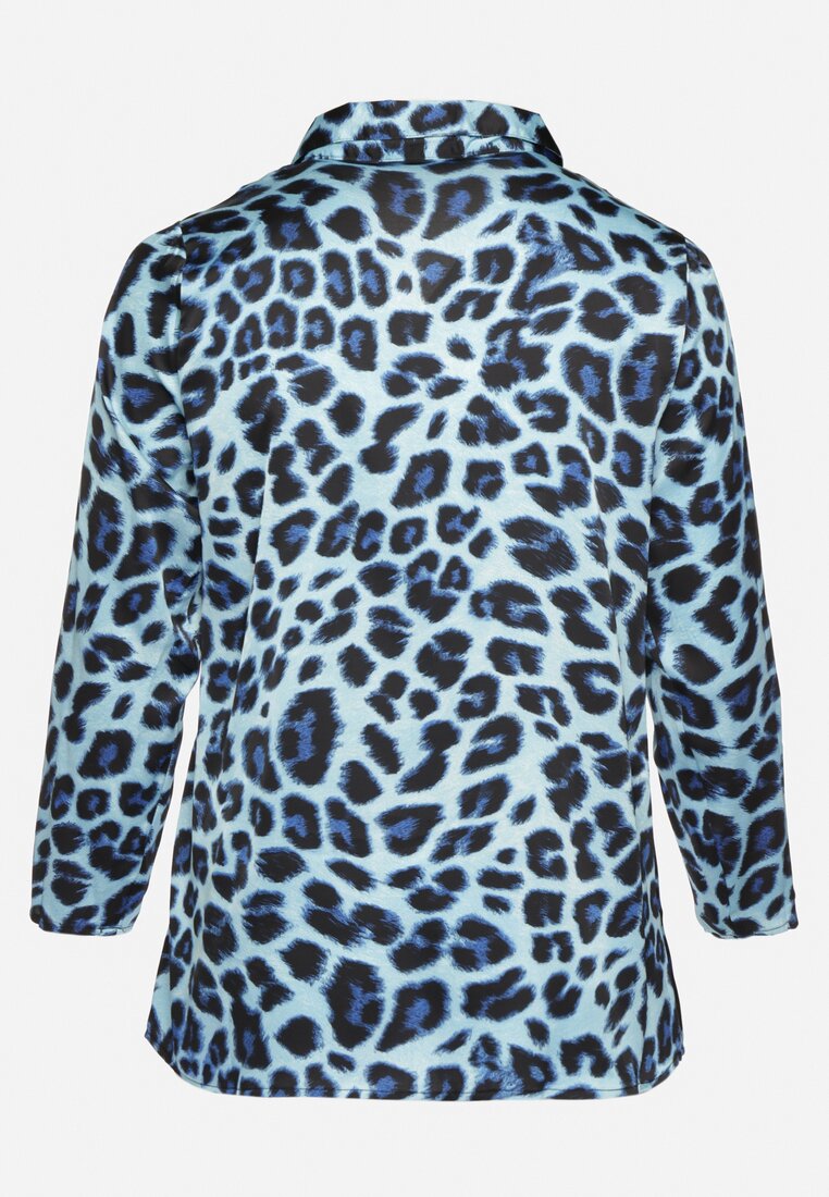 Niebieska Bluzka Koszulowa z Kołnierzykiem i Kieszonką w Panterkę Velivia