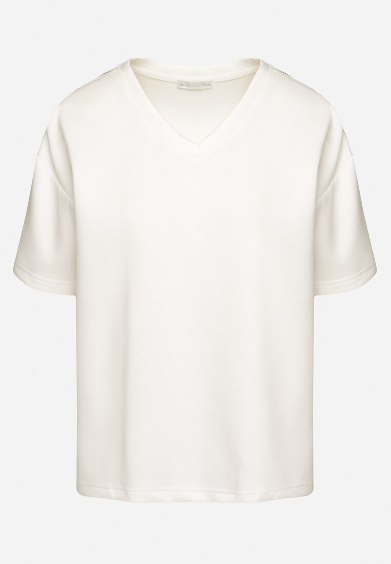 Biały T-shirt z Trójkątnym Dekoltem Foniriela
