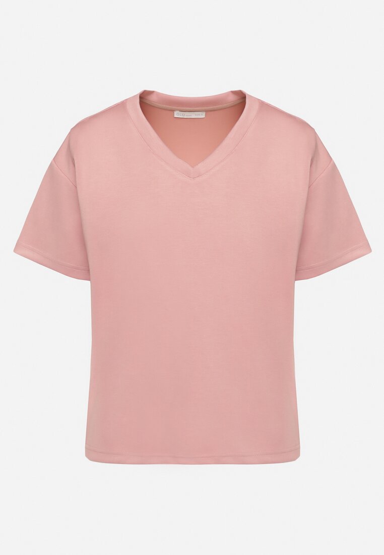 Różowy T-shirt z Trójkątnym Dekoltem Foniriela