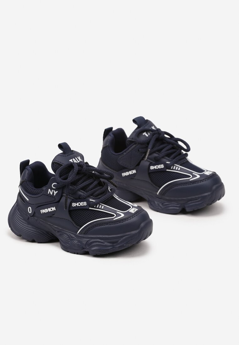 Granatowe Buty Sportowe Sneakersy ze Skórzaną Wkładką i Napisem Rivreti