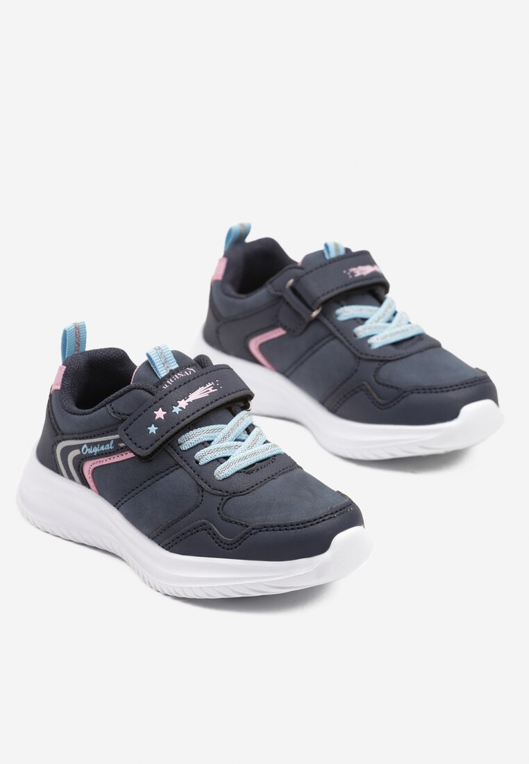 Granatowe Buty Sportowe Sneakersy Ozdobione Paskami i Napisem Araleina