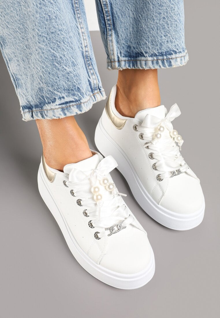 Biało-Złote Sneakersy na Grubej Podeszwie Zdobione Cyrkoniami Afinua
