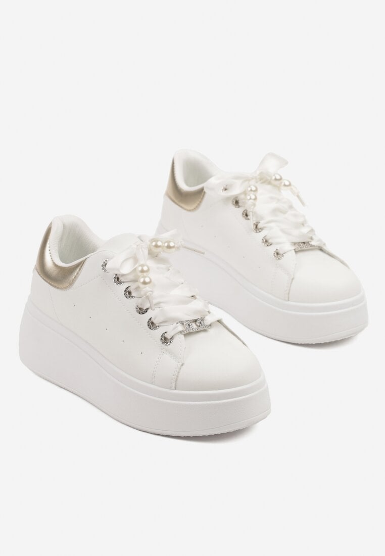 Biało-Złote Sneakersy na Grubej Podeszwie Zdobione Cyrkoniami Afinua