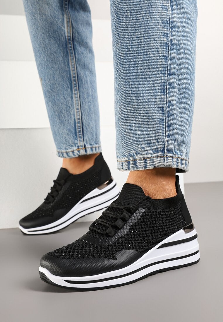 Czarne Sneakersy na Koturnie z Cyrkoniami z Metalicznym Zdobieniem Bariena