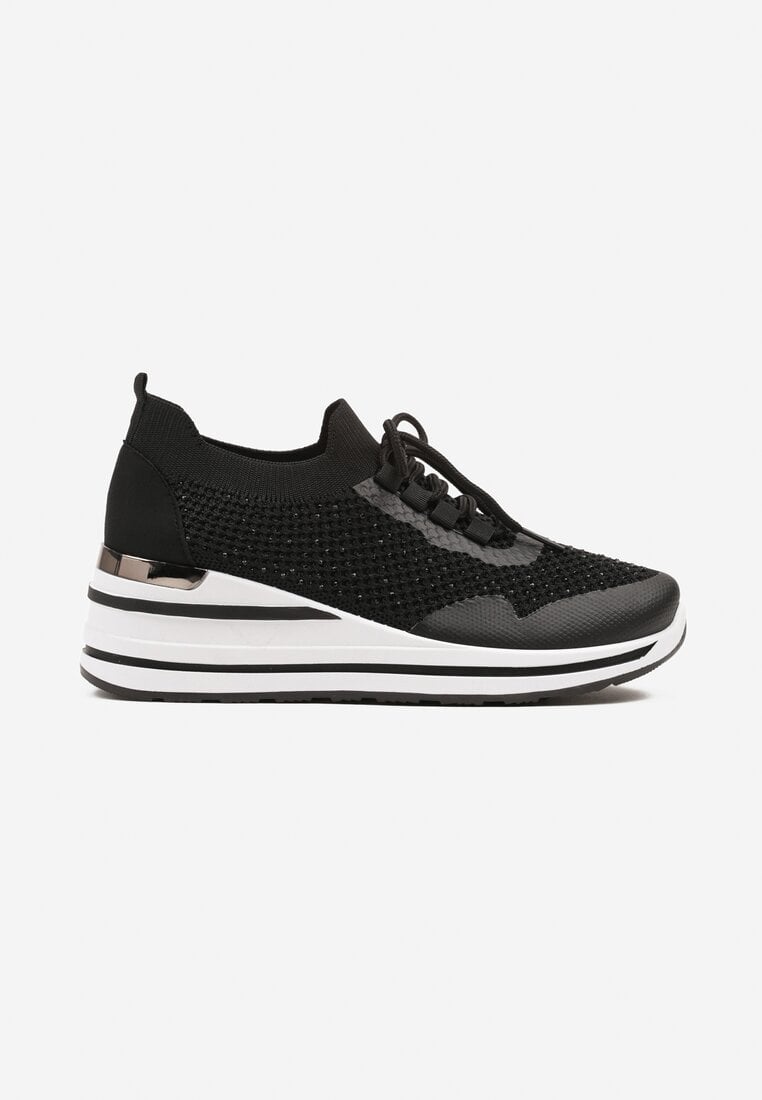 Czarne Sneakersy na Koturnie z Cyrkoniami z Metalicznym Zdobieniem Bariena