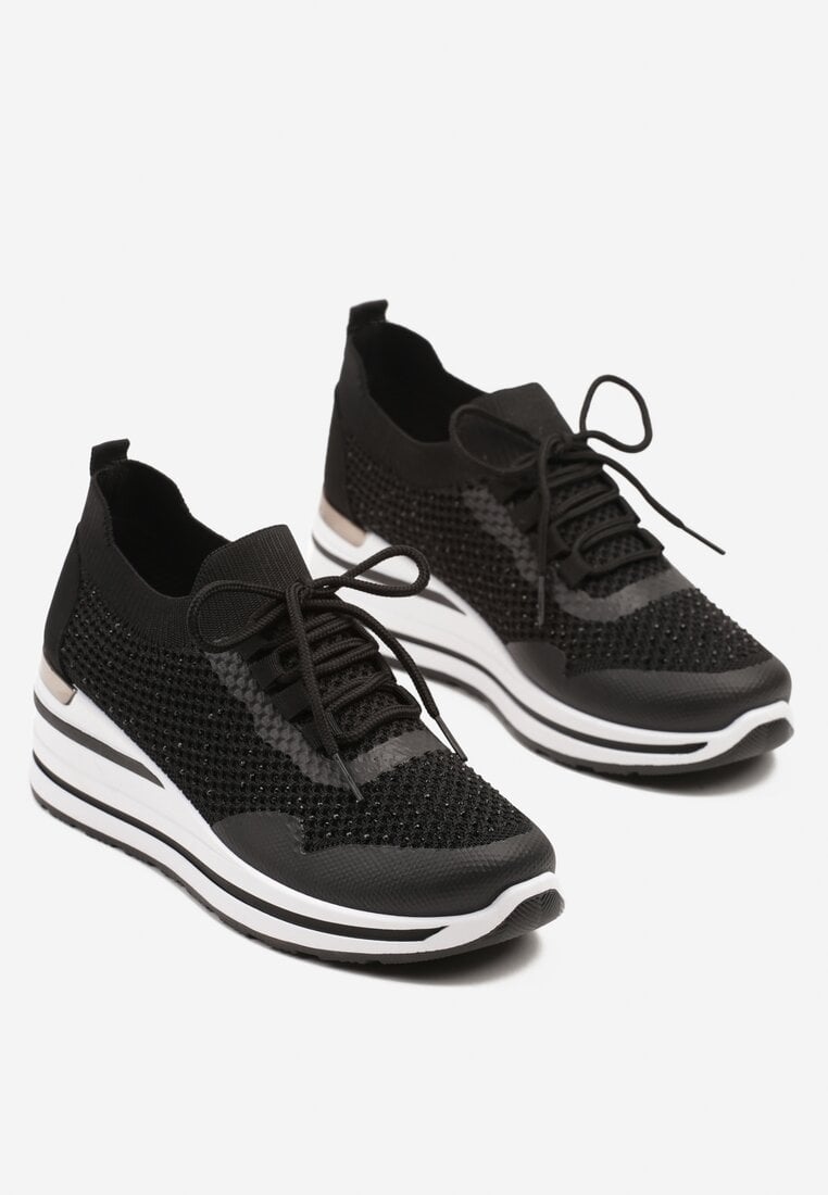 Czarne Sneakersy na Koturnie z Cyrkoniami z Metalicznym Zdobieniem Bariena