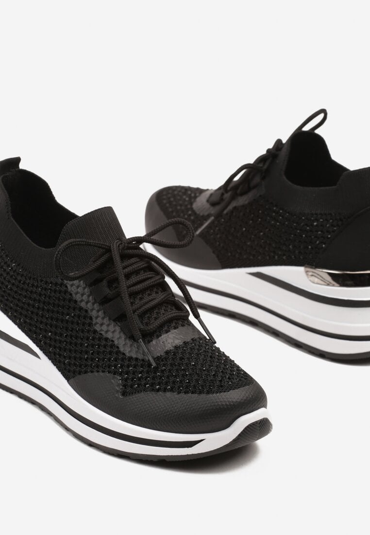 Czarne Sneakersy na Koturnie z Cyrkoniami z Metalicznym Zdobieniem Bariena