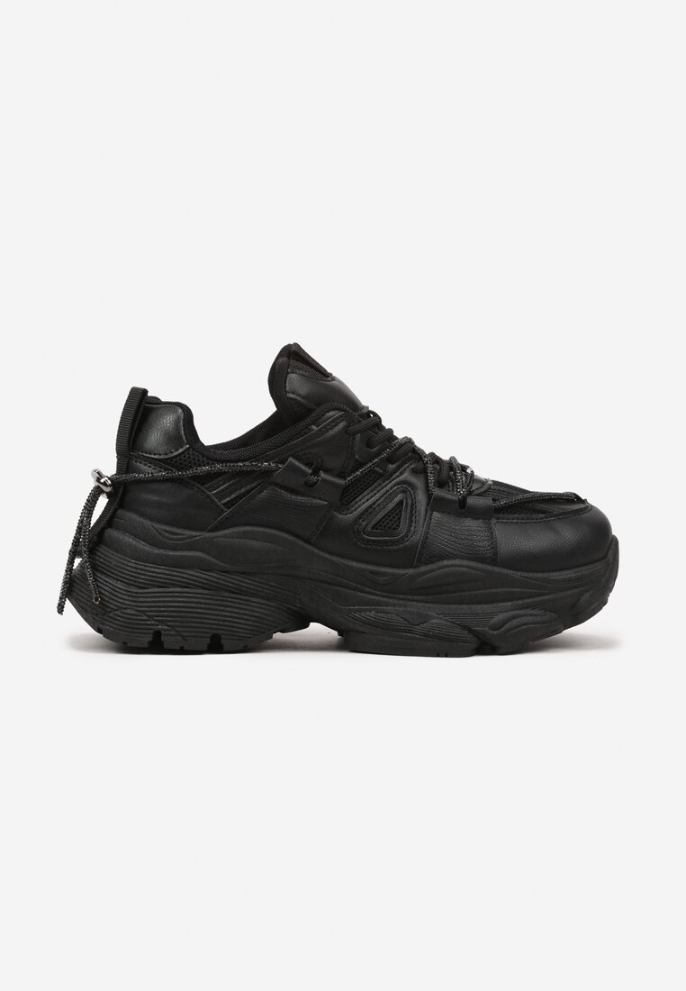 Czarne Sneakersy na Grubej Podeszwie z Tłoczeniami z Ozdobnym Ściągaczem Delariela