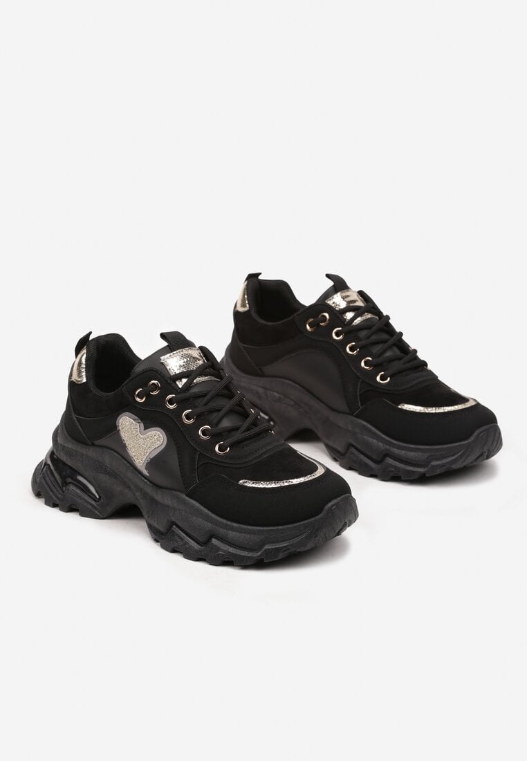 Czarne Sneakersy Streetwearowe z Brokatem na Grubej Podeszwie Miledia