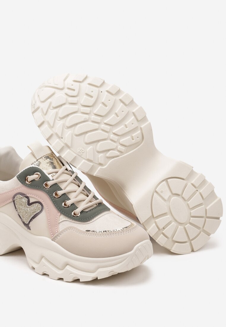 Beżowo-Zielone Sneakersy Streetwearowe z Brokatem na Grubej Podeszwie Miledia