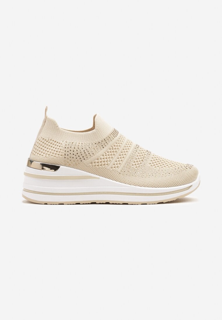 Beżowe Wsuwane Sneakersy Siateczkowe na Koturnie Rivreia