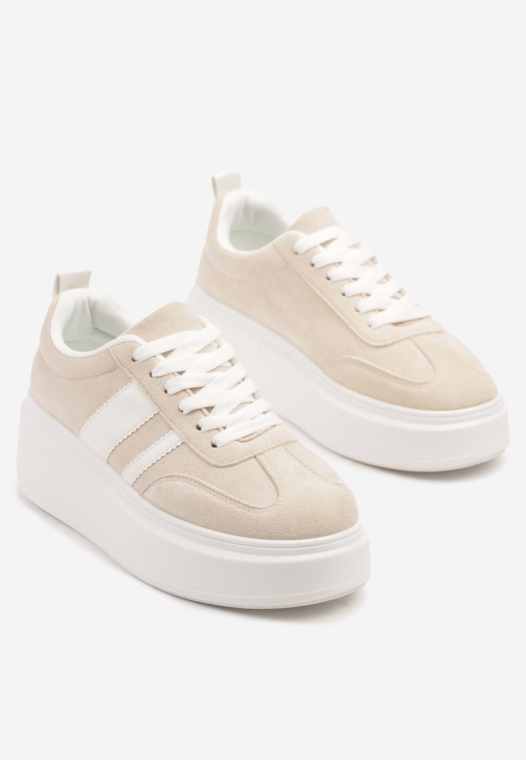 Beżowe Sneakersy Kultowe Tenisówki na Platformie z Koturnem Elisara