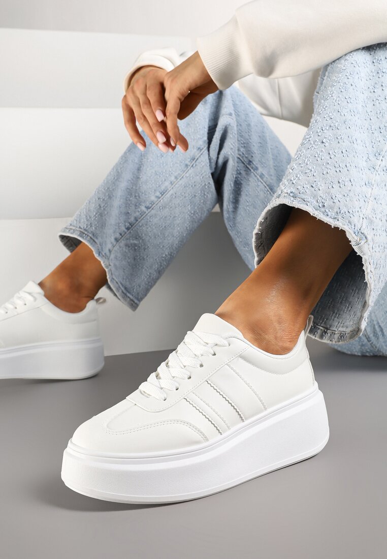 Białe Sneakersy Kultowe Tenisówki na Platformie z Koturnem Elisara