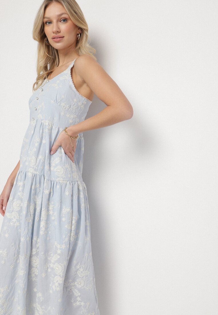 Niebieska Sukienka z Wiskozy i Bawełny na Ramiączkach w Stylu Boho w Kwiaty z Guzikami Eldexira