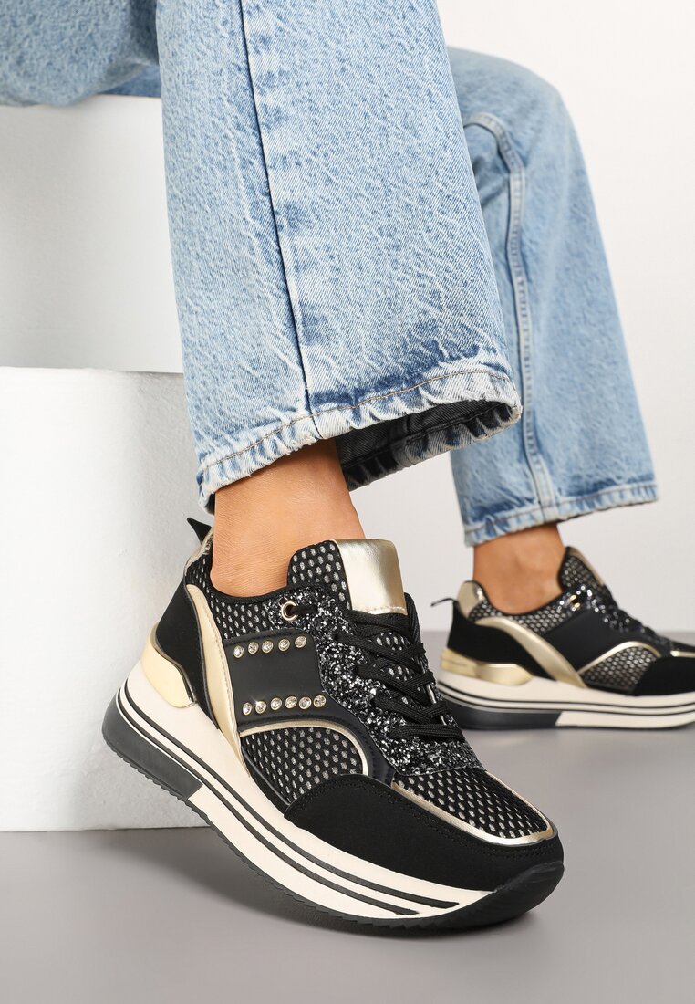 Czarne Sneakersy na Grubej Podeszwie z Cyrkoniami i Metalicznymi Ozdobami Tawiela