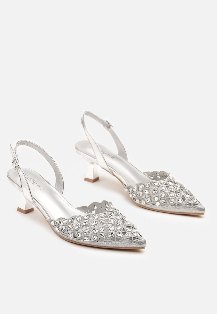Srebrne Eleganckie Ażurowe Sandały na Obcasie Typu Kaczuszka z Cyrkoniami Lilabis