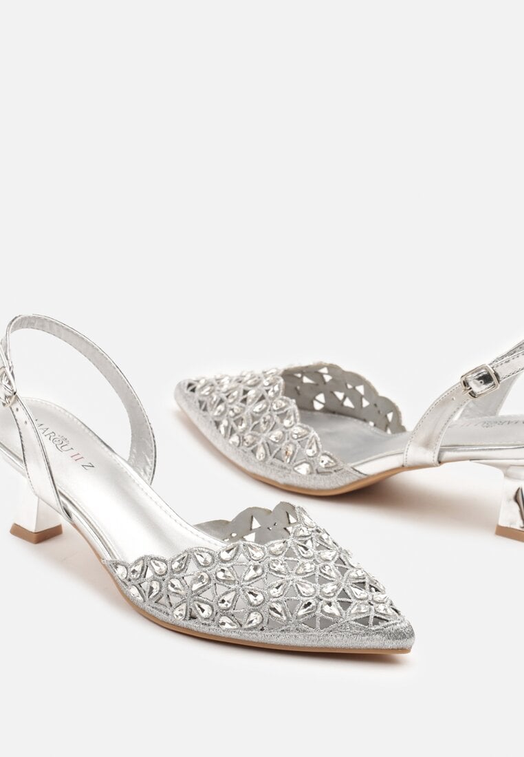Srebrne Eleganckie Ażurowe Sandały na Obcasie Typu Kaczuszka z Cyrkoniami Lilabis