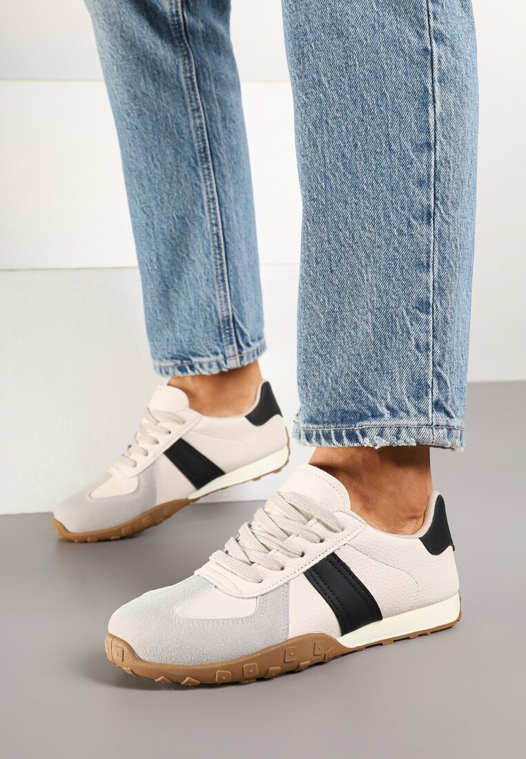 Beżowo-Czarne Sneakersy z Geometrycznym Wzorem Ilaniela