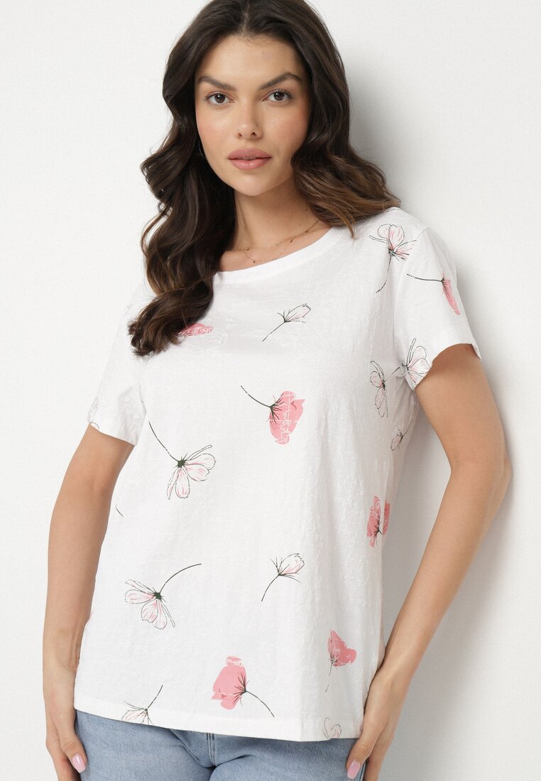 Biały T-shirt z Bawełny w Kwiatowy Wzór Acevianna