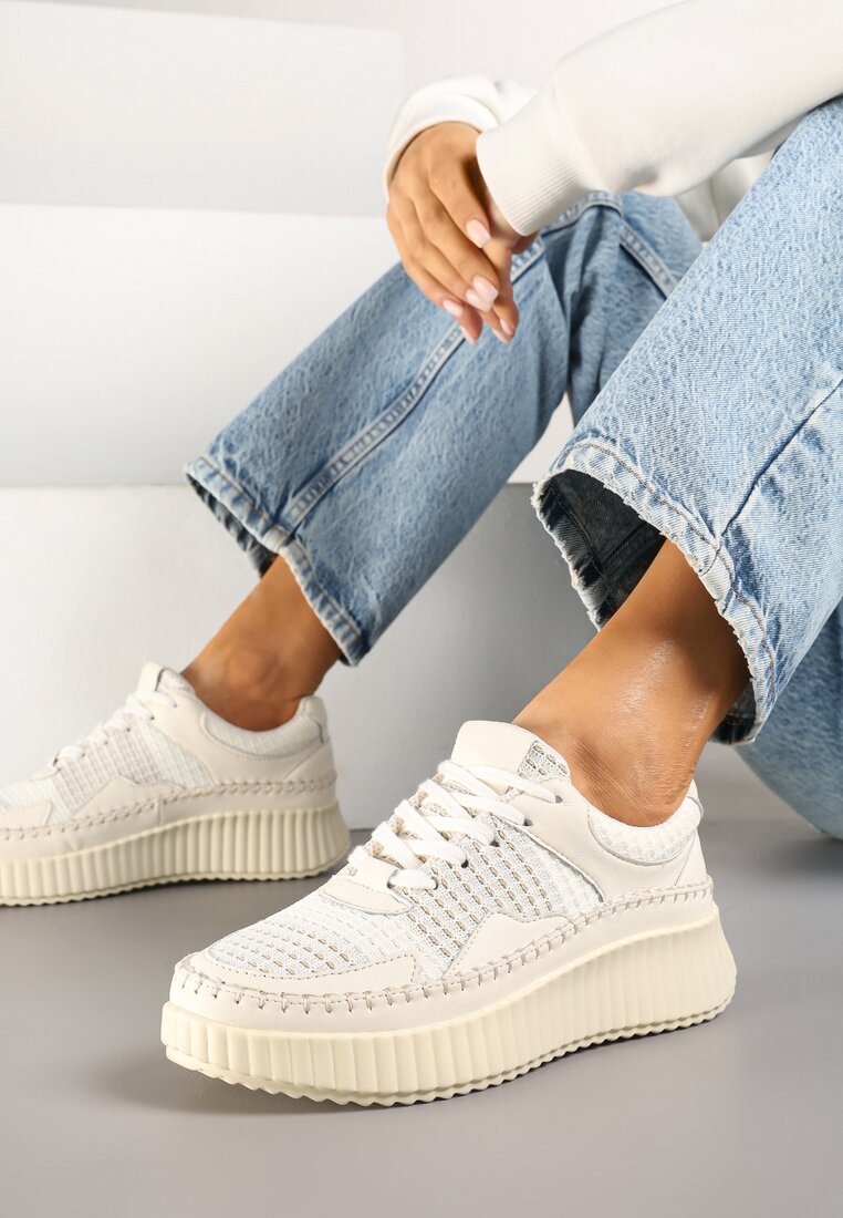 Beżowe Sneakersy z Ozdobnymi Przeszyciami i Skórzaną Wkładką na Platformie Caliora