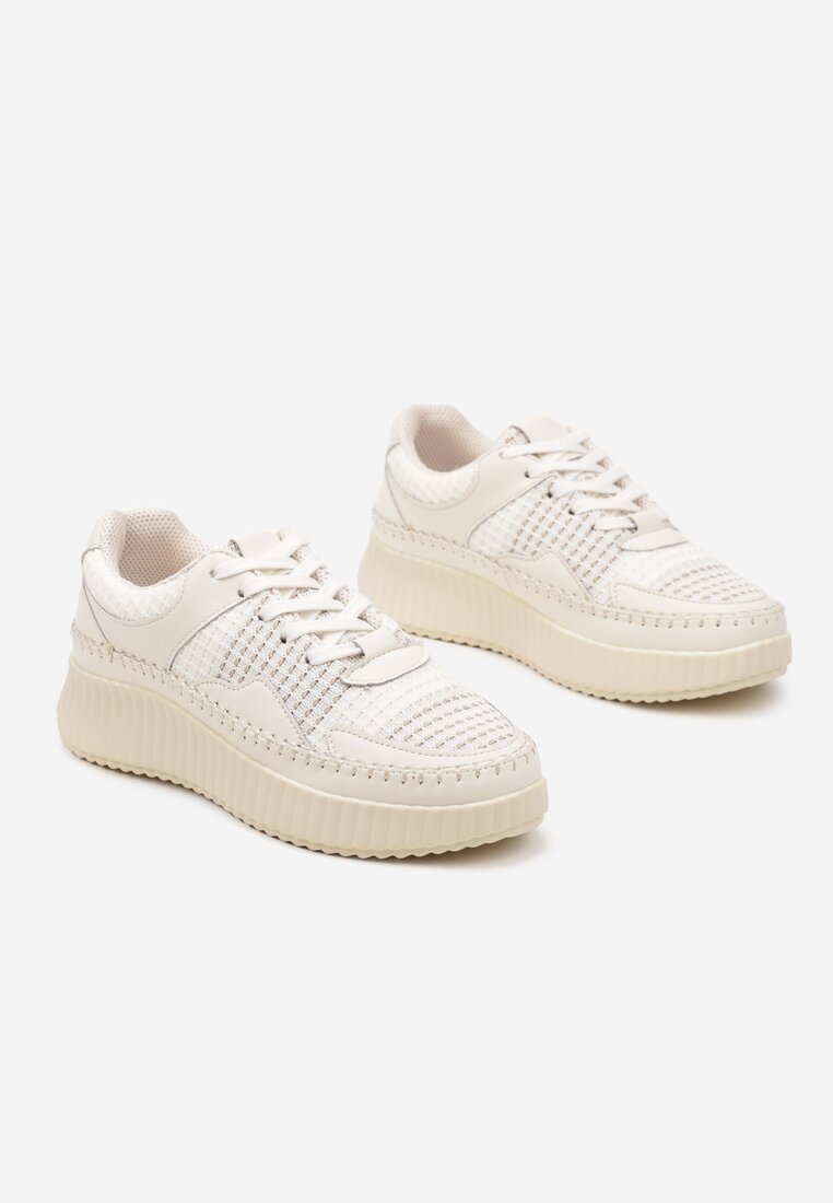 Beżowe Sneakersy z Ozdobnymi Przeszyciami i Skórzaną Wkładką na Platformie Caliora