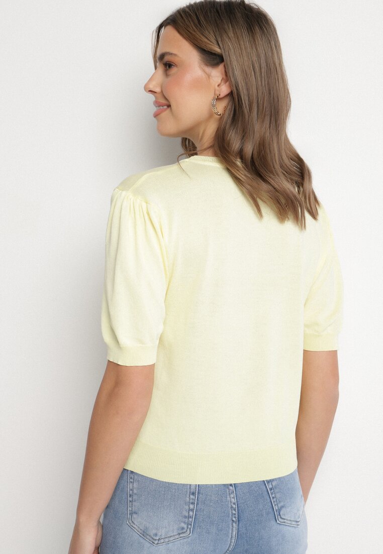 Żółta Bluzka Sweterkowa z Lekko Bufiastymi Rękawami z Wiskozą Adeva