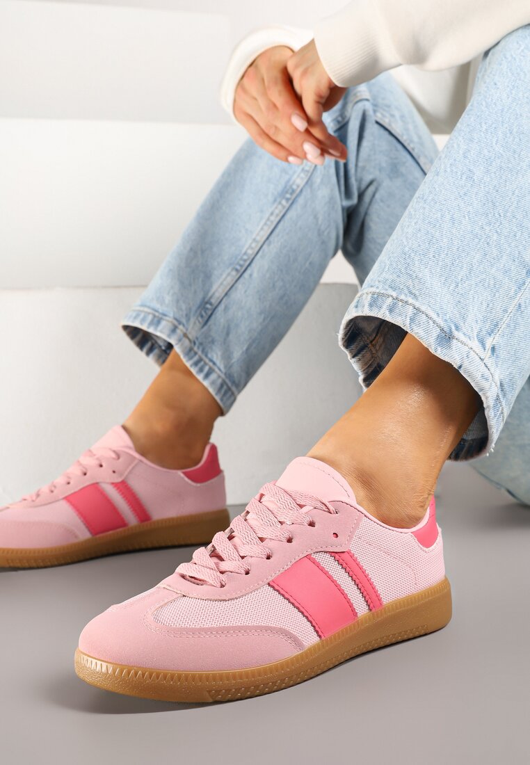 Różowe Sneakersy Tenisówki z Ozdobnymi Paskami Nelidi