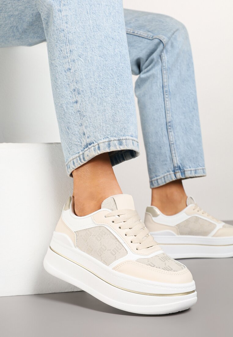 Beżowe Sneakersy w Streetwearowym Stylu na Grubej Podeszwie Ninolia