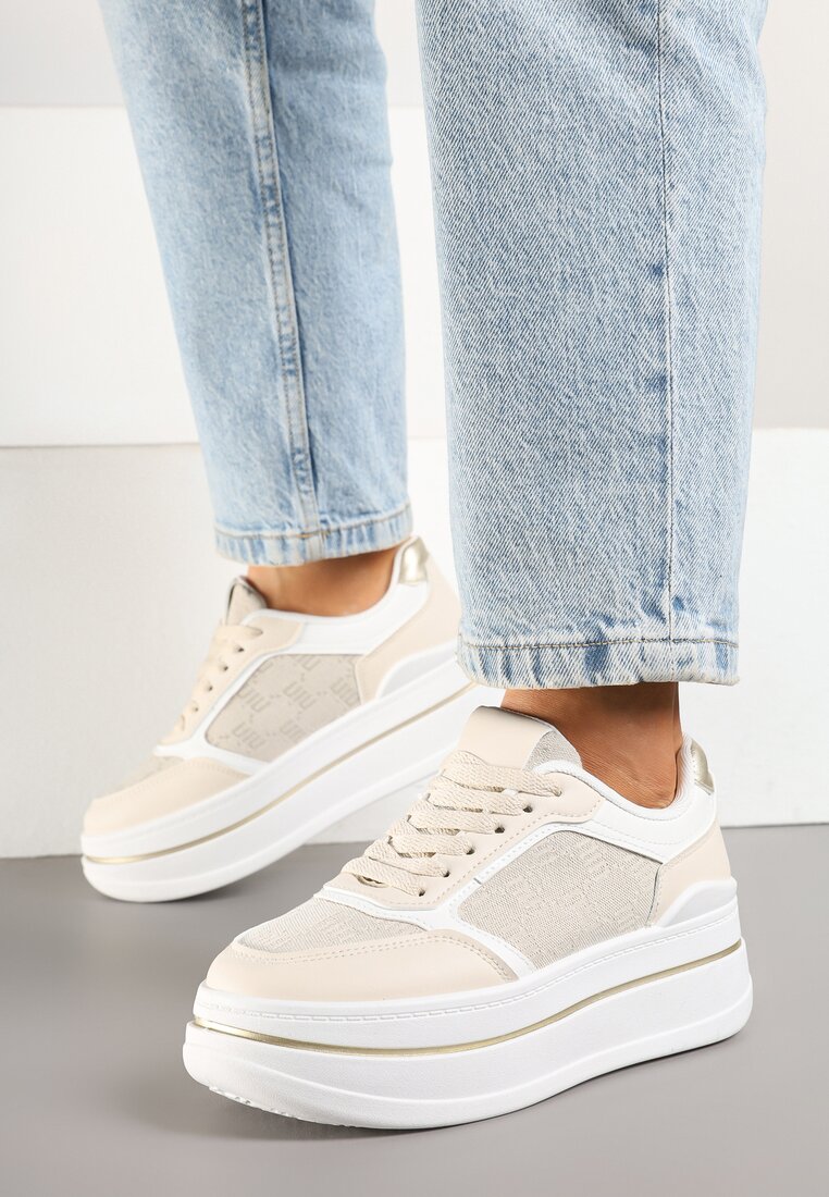 Beżowe Sneakersy w Streetwearowym Stylu na Grubej Podeszwie Ninolia