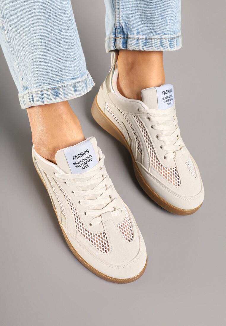 Beżowe Sneakersy z Siateczką i Ozdobnymi Przeszyciami Falisna