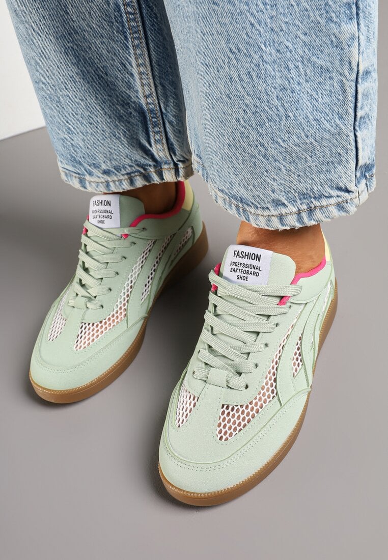Jasnozielone Sneakersy z Siateczką i Ozdobnymi Przeszyciami Falisna