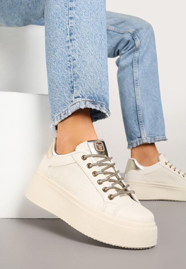 Beżowe Sneakersy na Grubej Podeszwie Zdobione Siateczką i Cyrkoniami Vanilra