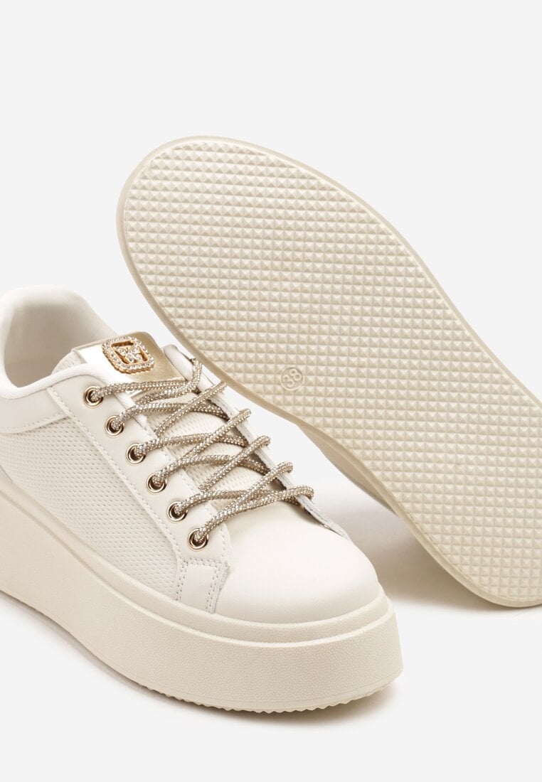 Beżowe Sneakersy na Grubej Podeszwie Zdobione Siateczką i Cyrkoniami Vanilra