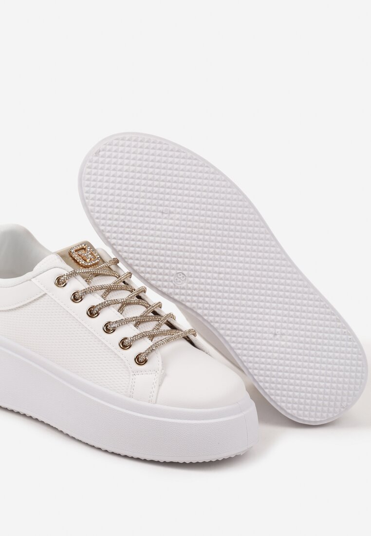 Białe Sneakersy na Grubej Podeszwie Zdobione Siateczką i Cyrkoniami Vanilra