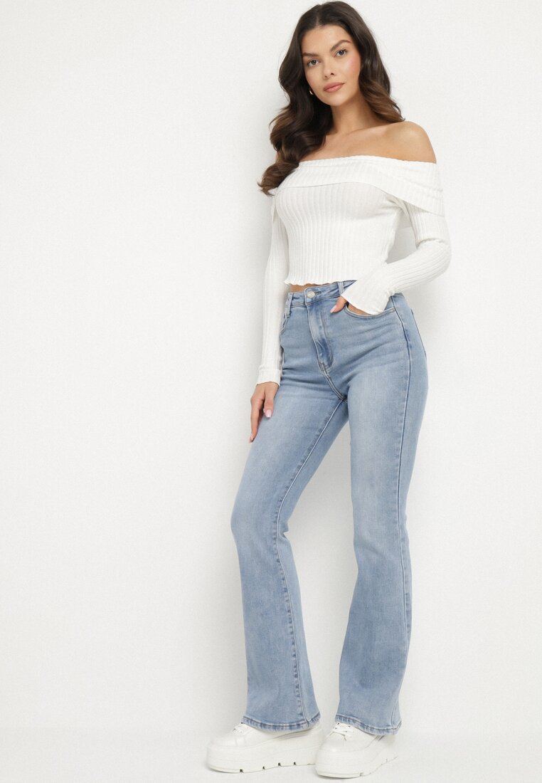 Niebieskie Casualowe Jeansy Dzwony Flortia