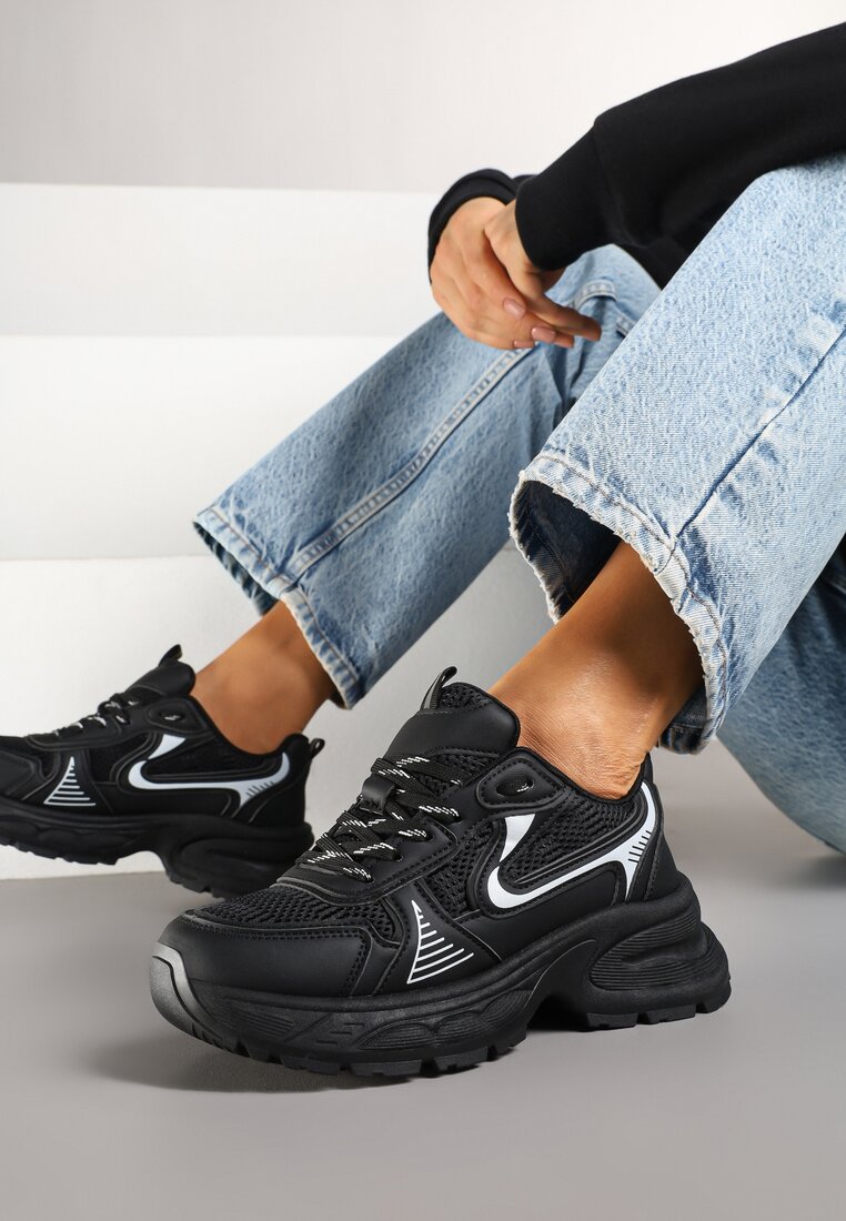 Czarne Sneakersy na Grubej Podeszwie z Siateczką Olirase
