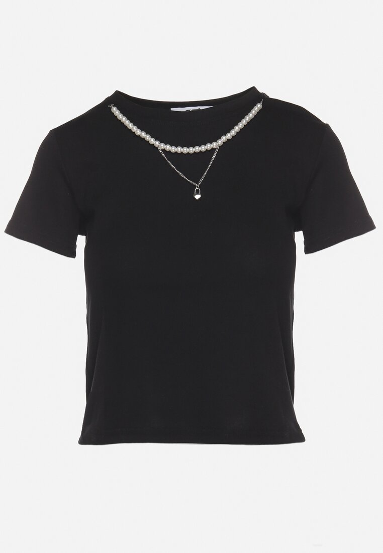 Czarny T-shirt z Bawełny Ozdobiona Perełkami i Odpinanym Łańcuszkiem Olinelis
