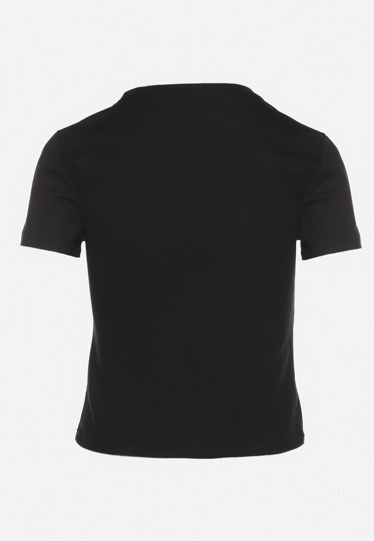 Czarny T-shirt z Bawełny Ozdobiona Perełkami i Odpinanym Łańcuszkiem Olinelis
